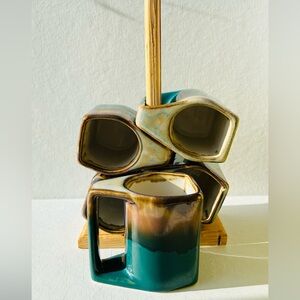 Ceramic Mug Set with Stand - Teal and Brown